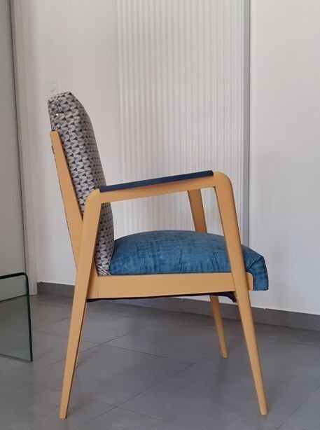 Fauteuil scandinave époque vintage pieds compas design tapisserie Art Déco