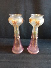 Paire De Grands Vases En Verre Émaillé Art Nouveau H 35cm Diam. 12cm