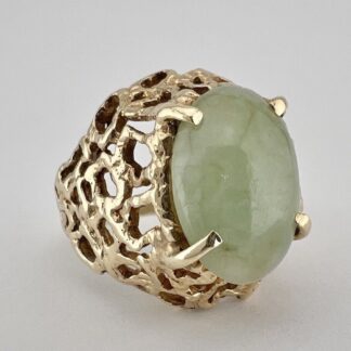 Bague Cocktail En Jade Vert Clair Cabochon En Or Jaune 10k Brutaliste Vintage