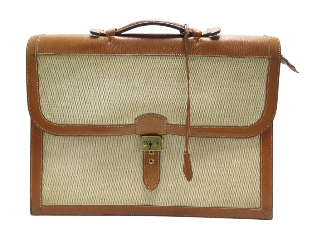 VINTAGE SAC A DEPECHES HERMES 3 SOUFFLET EN CUIR GOLD TOILE BRIEFCASE BAG 6300€