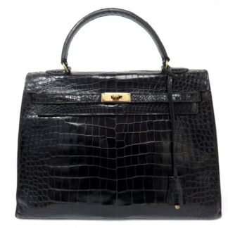VINTAGE SAC A MAIN HERMES KELLY 35 SELLIER EN CUIR CROCODILE POROSUS NOIR PURSE