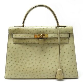 VINTAGE SAC A MAIN HERMES KELLY 32 SELLIER CUIR AUTRUCHE TILLEUL OSTRICH HANDBAG