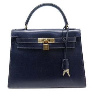 VINTAGE SAC A MAIN HERMES KELLY 28 SELLIER 1959 EN CUIR BOX BLEU NAVY HAND BAG