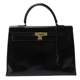 VINTAGE SAC A MAIN HERMES KELLY 35 BOX SELLIER EN CUIR NOIR BLACK HANDBAG PURSE