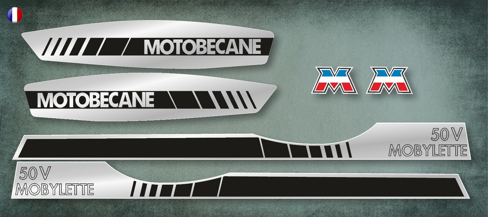MOTOBÉCANE - kit stickers autocollants carter 50 V MOBYLETTE en argent