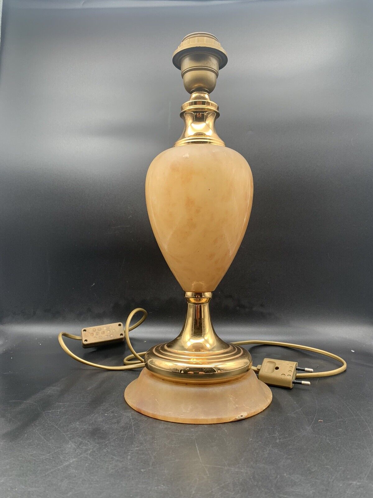 Magnifique Pied De Lampe En Albâtre Orangé Et Pied Doré Art Déco