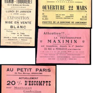Anciennes petites affiches publicitaires 21 x 14 / commerces d' Angoulème