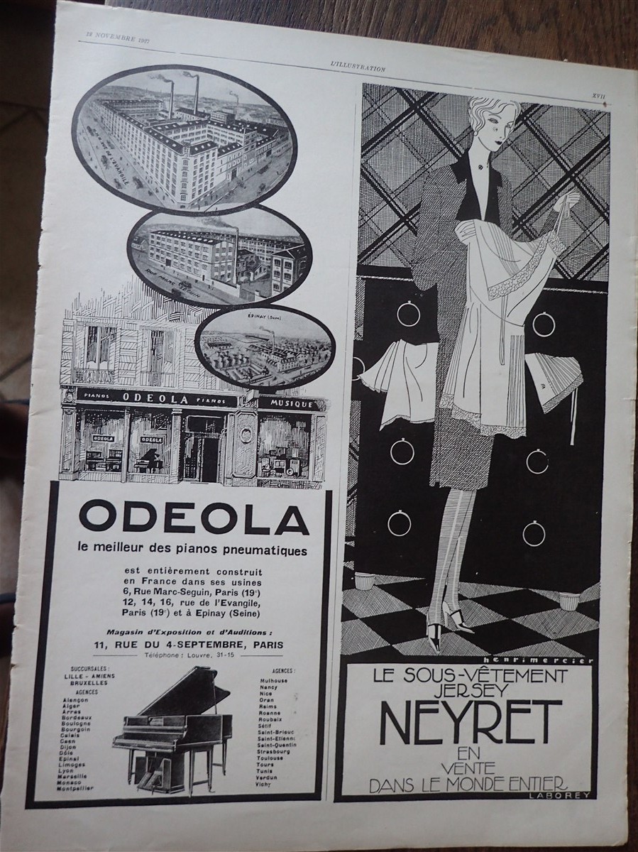 Gant NEYRET par Henri MERCIR + piano ODEOLA publicité papier ILLUSTRATION 1927