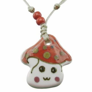 Collier Pendentif femme personnage champignon porcelaine Rouge cordon réglable