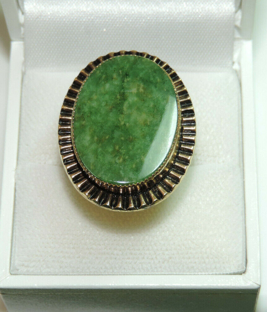 Bague Ajustable En Agate Mousse Verte Jade Vintage En Or 12k
