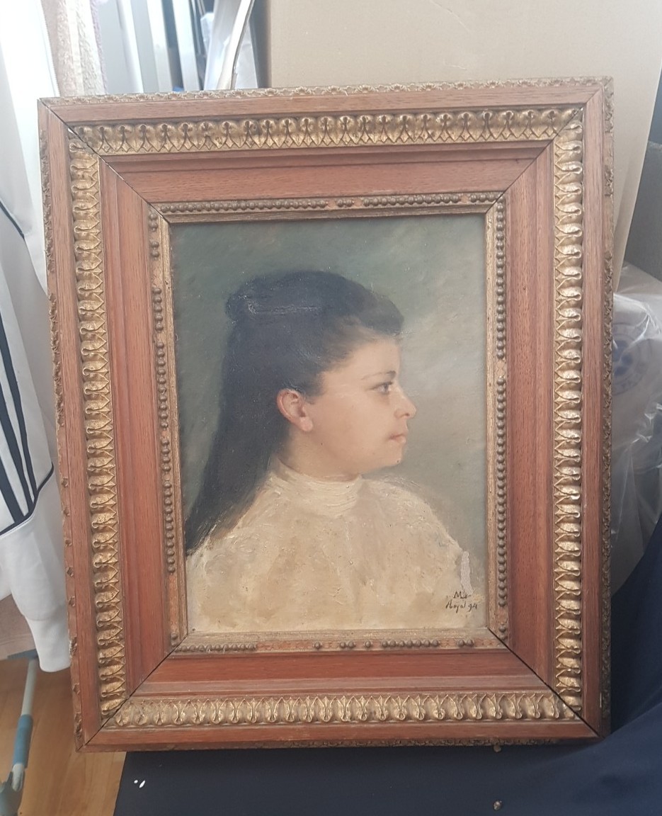 Ancien tableau portrait jeune Femme Huile sur toile XIXe siècle signé