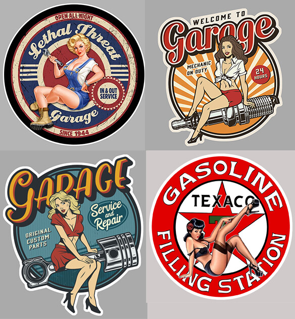 LOT DE 4 STICKERS PIN UP GARAGE HOT ROD AUTOCOLLANT PINUP VINTAGE RETRO AUTO
