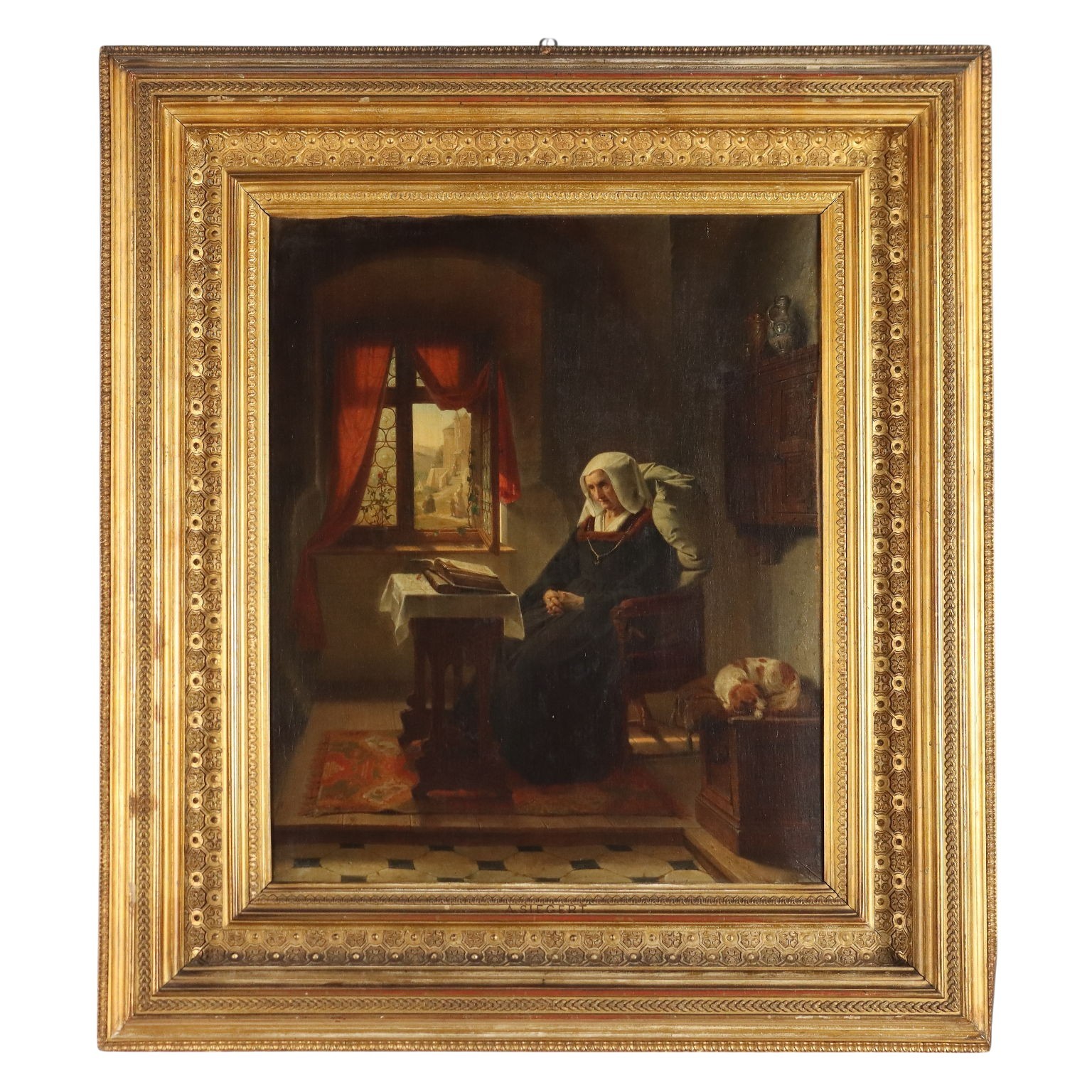 Tableau Ancien Signé Augusto Friedrich Siegert Intérieur XIXe Siècle Original