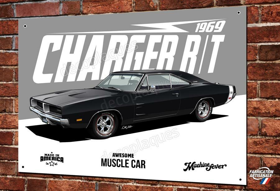 Plaque métal déco 40x30cm garage Artwork Dodge Charger R/T 1969 muscle car