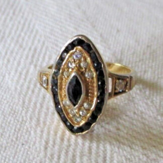 Ancien bague plaqué or onyx foncé cristaux diamant taille 56 bijou vintage 395