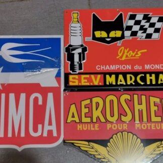Lot de 3 plaques publicitaires en métal – Simca, Marchal Bougie, Aeroshell