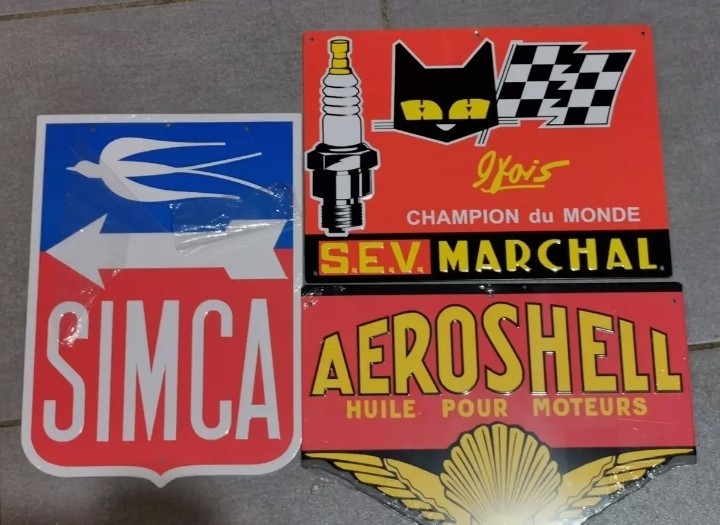Lot de 3 plaques publicitaires en métal – Simca, Marchal Bougie, Aeroshell