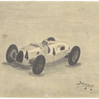 Grand dessin crayonné voiture de course Auto Union type C, signée Jassaud 1937