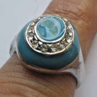 Bague taille 56 couleur or émail bleu cristaux diamant ancien bijou vintage 4505