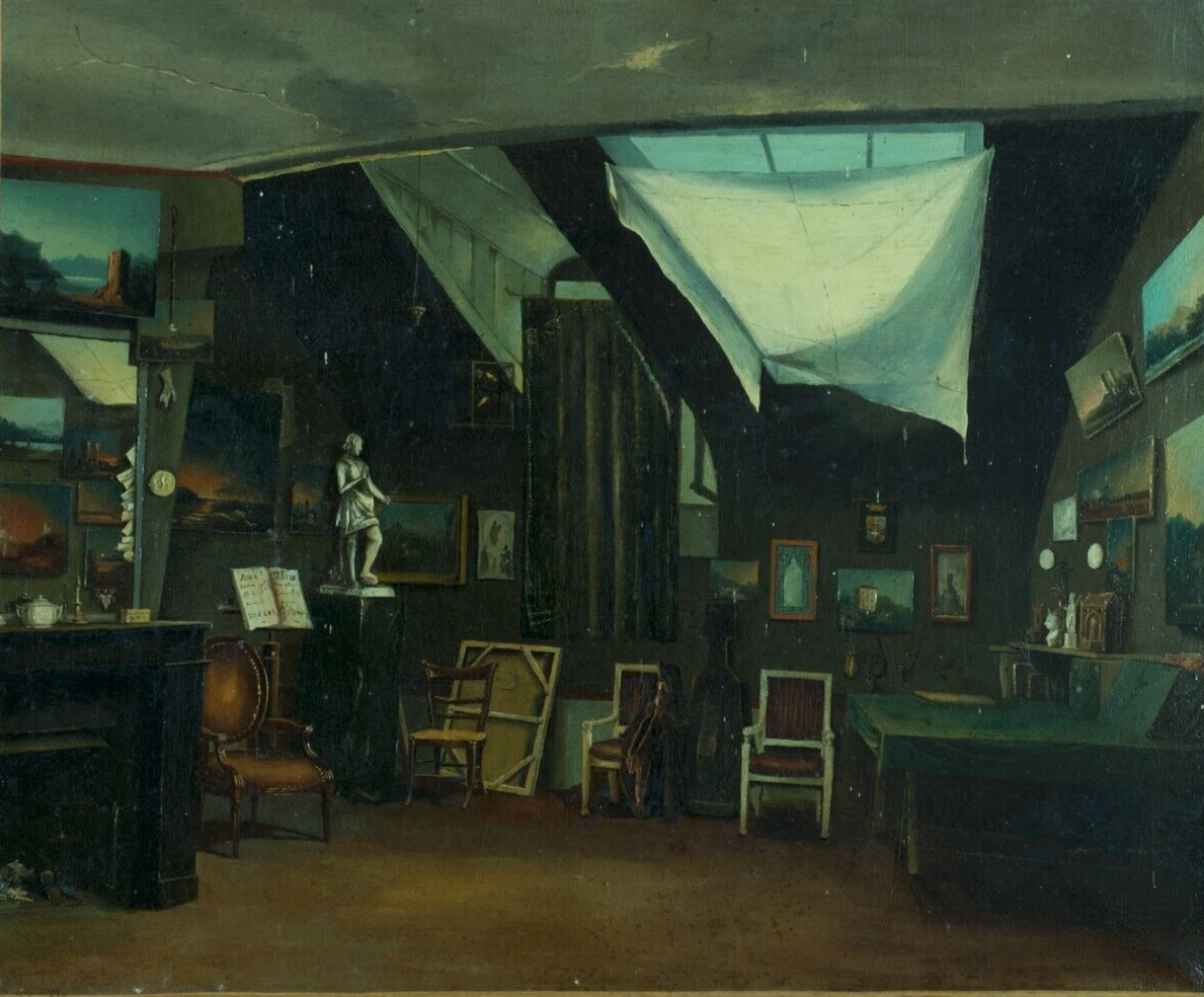Ancien tableau dans l'atelier de l'artiste peintre Pyrénées scène intérieur 1860