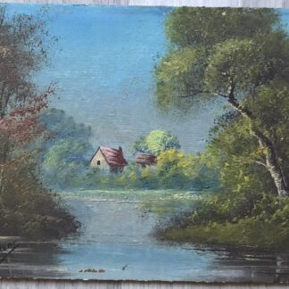 Tableau Ancien Huile Paysage Rivière Maison Arbre Fin XIXe Siècle