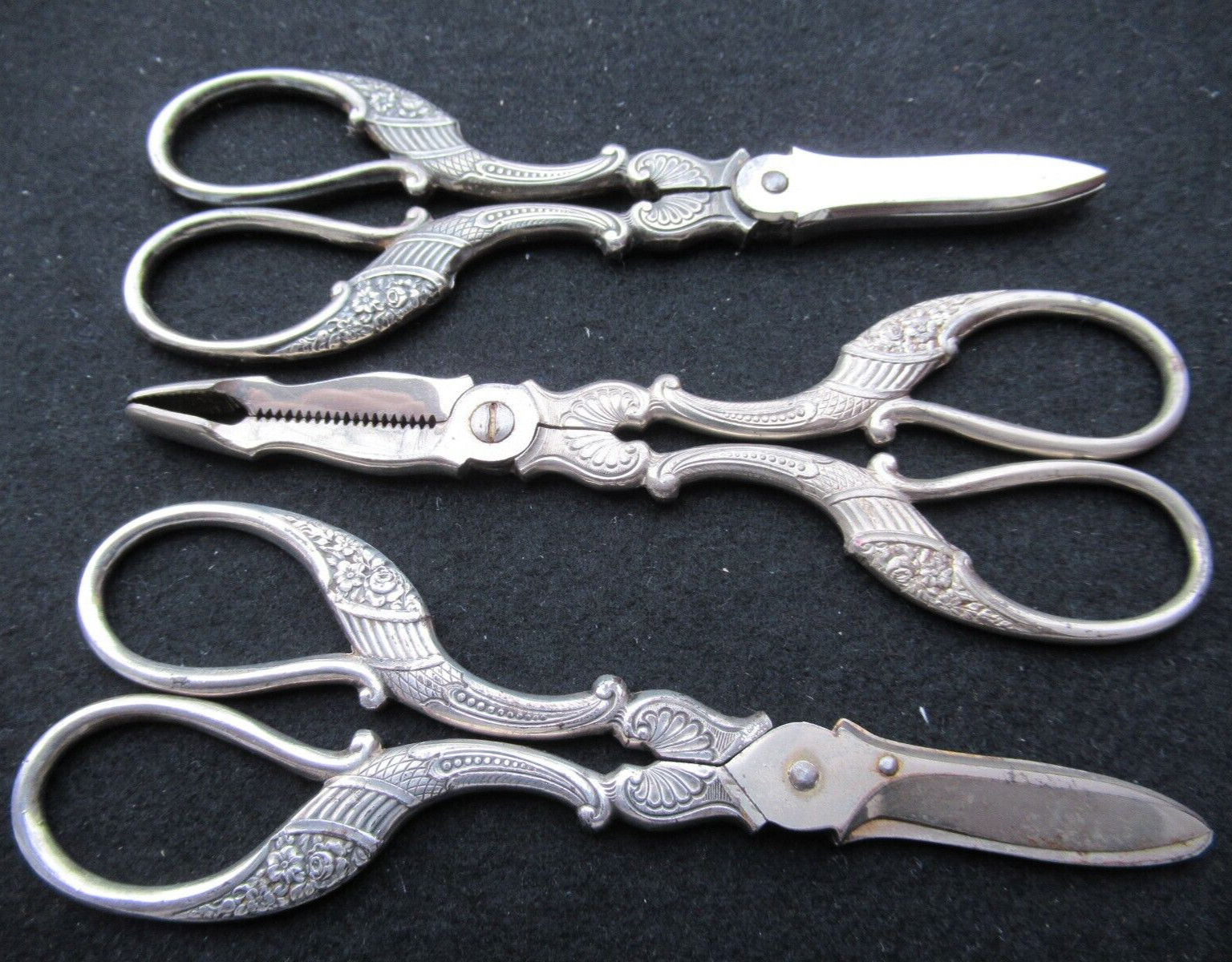 RARE ANCIEN SET 3 CISEAUX à RAISIN à FRUIT et PINCE SUCRE GRAPE SCISSORS ANTIQUE