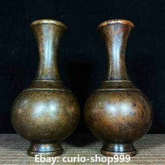 7.8" Antique Chinese Qianlong Dynasty Bronze Flower Bottle Vase Statue Pair