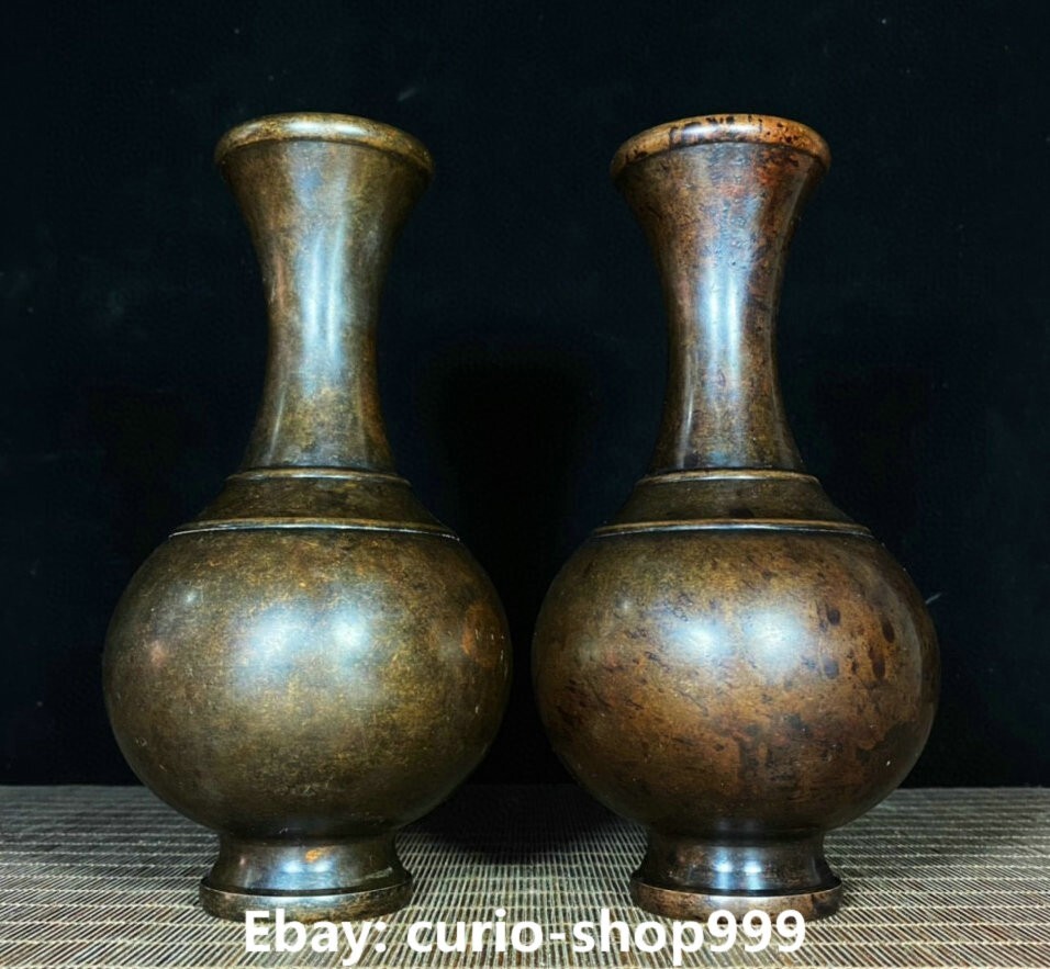 7.8" Antique Chinese Qianlong Dynasty Bronze Flower Bottle Vase Statue Pair