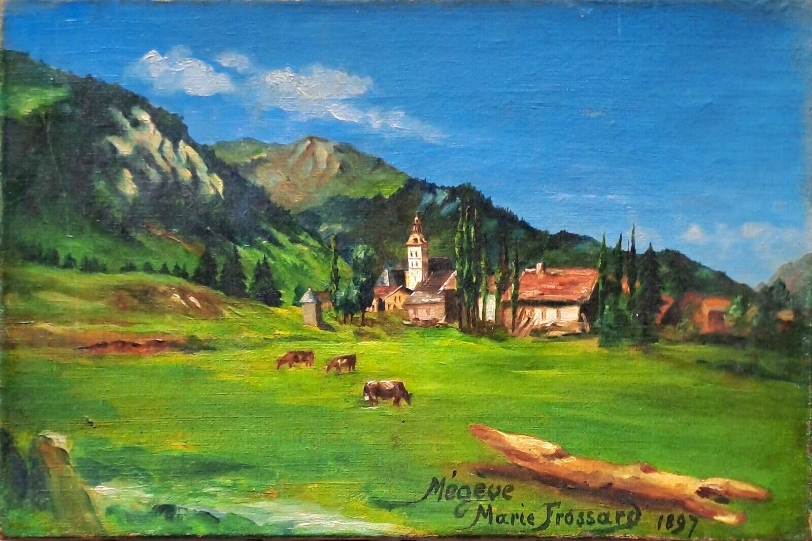 Ancien TABLEAU Huile sur Toile RARISSIME vue de MEGEVE au XIX e Siècle DOCUMENT