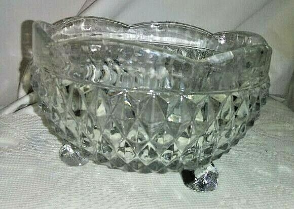 Vintage Indiana Glass Diamond Point Three Footed Nut Candy Bowl or Dish 5"~Clear