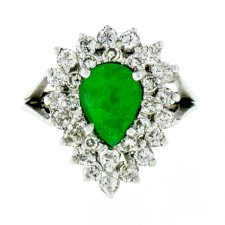 Estate 14k White Gold Pear Cabochon Jade .72ctw Dual Diamond Halo Cocktail Ring