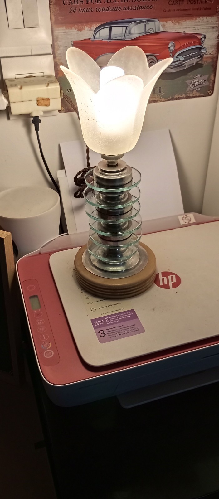 Rare Lampe Art Déco D'époque En Verre Et Aluminium