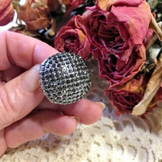 Bague de cocktail ancienne argenté cristal noir T51 réglable Vintage 1980-1990