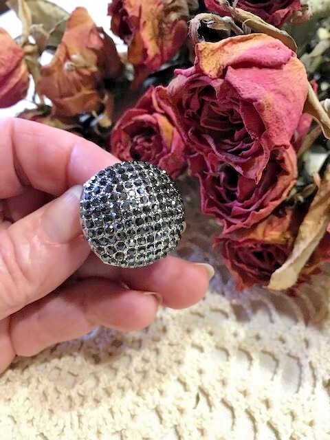 Bague de cocktail ancienne argenté cristal noir T51 réglable Vintage 1980-1990