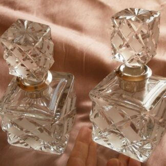 2 Flacons à parfum en cristal taillé & col en argent massif sterling 925