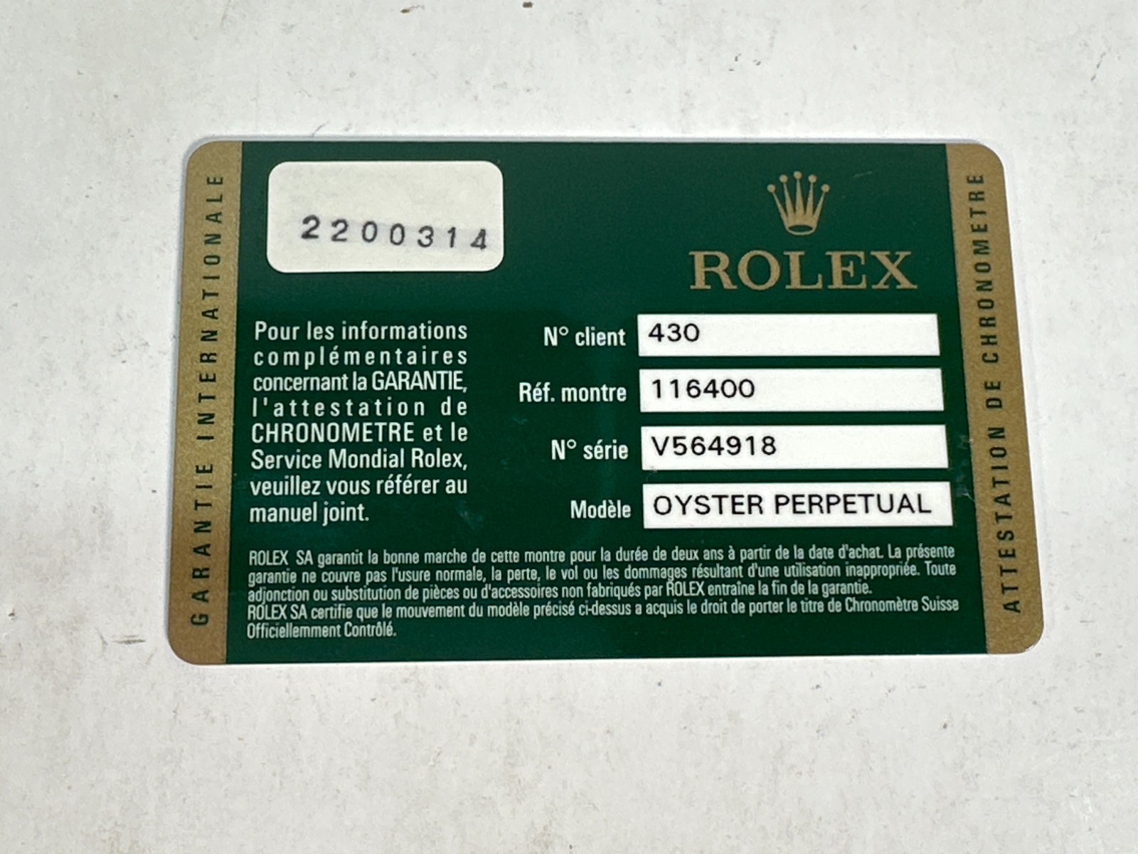 VINTAGE AUTHENTIQUE ROLEX 116400 MILGAUSS 430 carte de montre V564918 2010'...