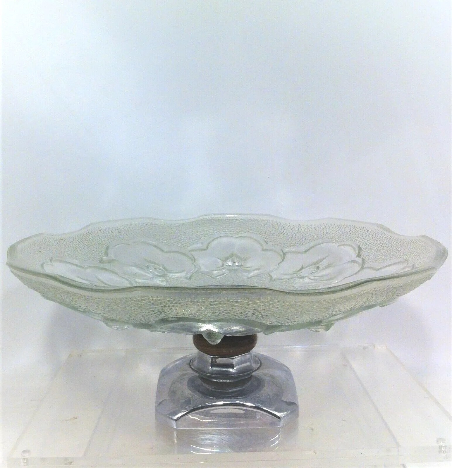 MAGNIFIQUE COUPE A FRUITS ART DECO EN VERRE MOULE PIETEMENT METAL CHROME BOIS