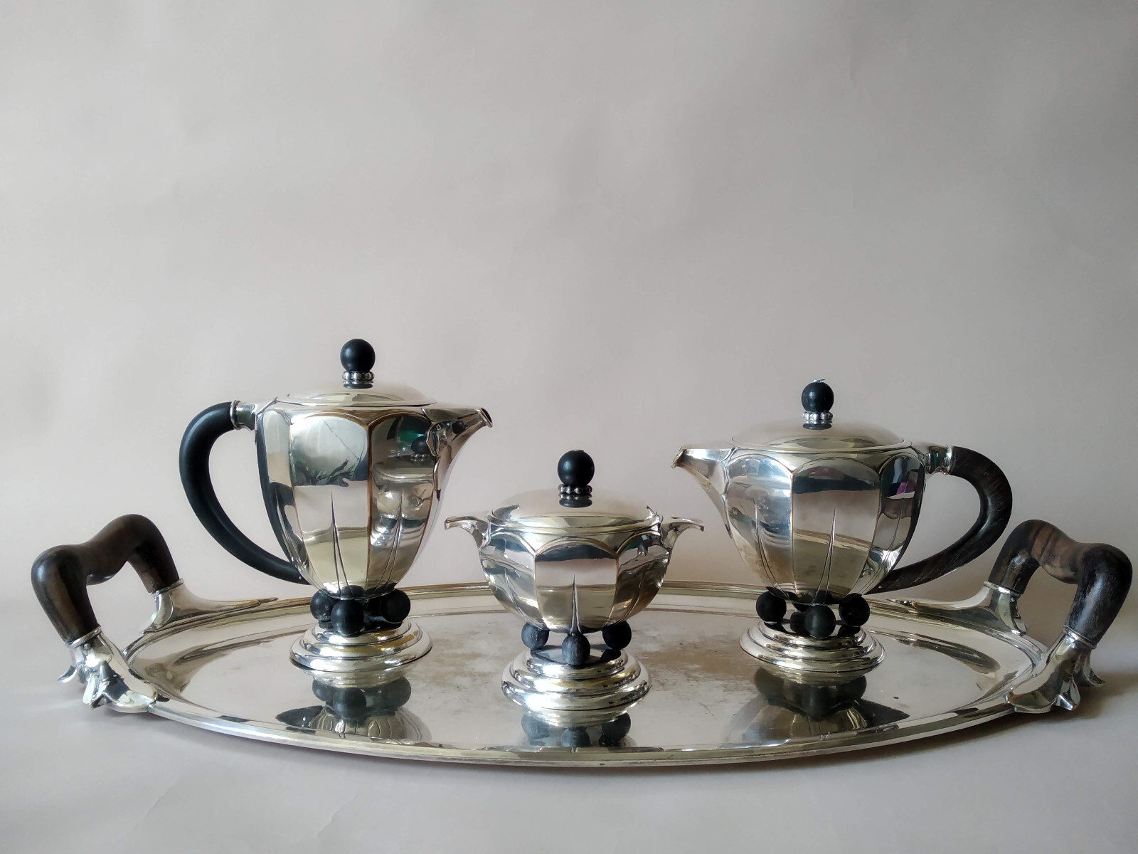 Service à thé café TEMPLIER * Art Déco * Métal Argenté & Macassar