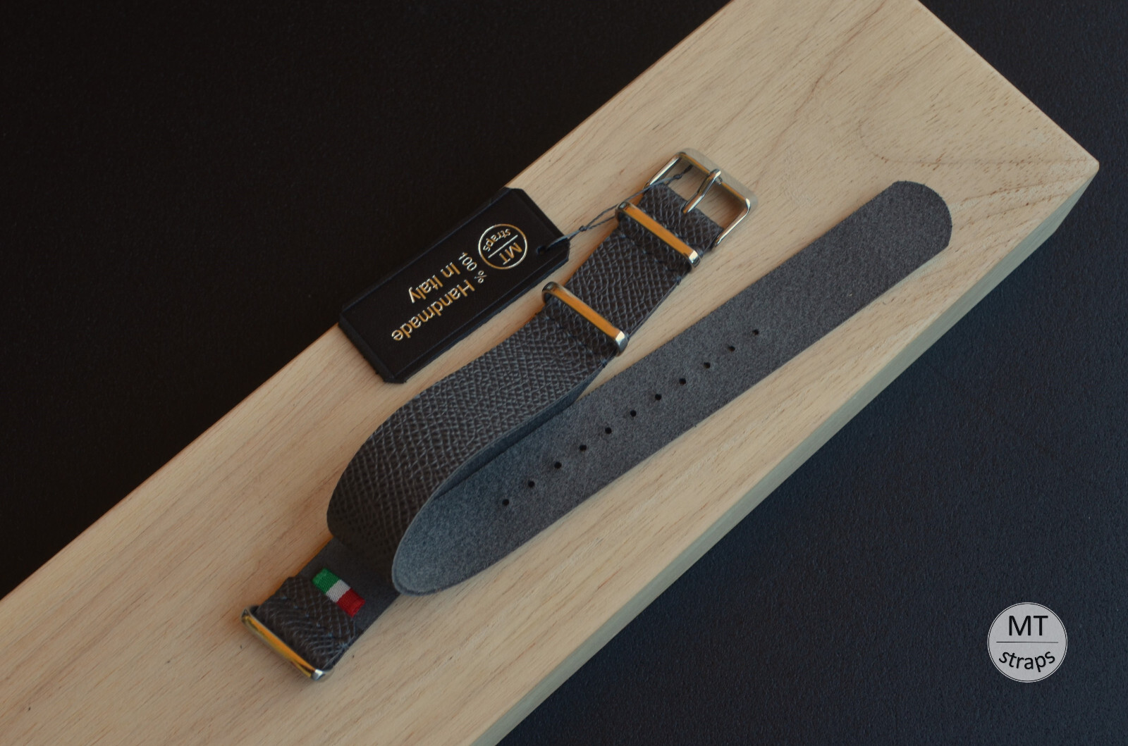 Cinturino Artigianale Grigio Type Militaire En Cuir Imprimé Epsom 22 Mm