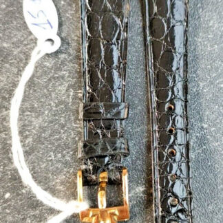 Bracelet Femme montre Omega 15 mm cuir lézard Noir boucle dorée neuf de stock