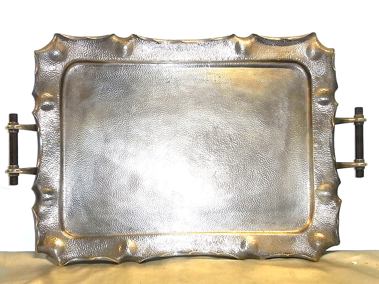 🇫🇷 GRAND PLATEAU DE SERVICE MÉTAL ARGENTE PRISE ÉBÈNE MARTELÉ ART DÉCO NOUVEAU