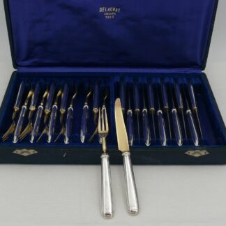 Service dessert, 12 fourchettes + 12 couteaux argent Minerve et laiton, Art Déco