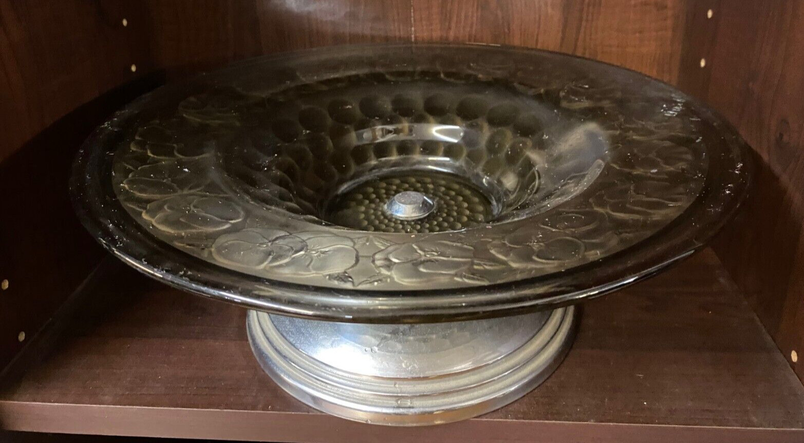 COUPE FRUITS ART DECO VERRE FUME DECOR PETUNIAS PIED EN CHROME FORME RONDE