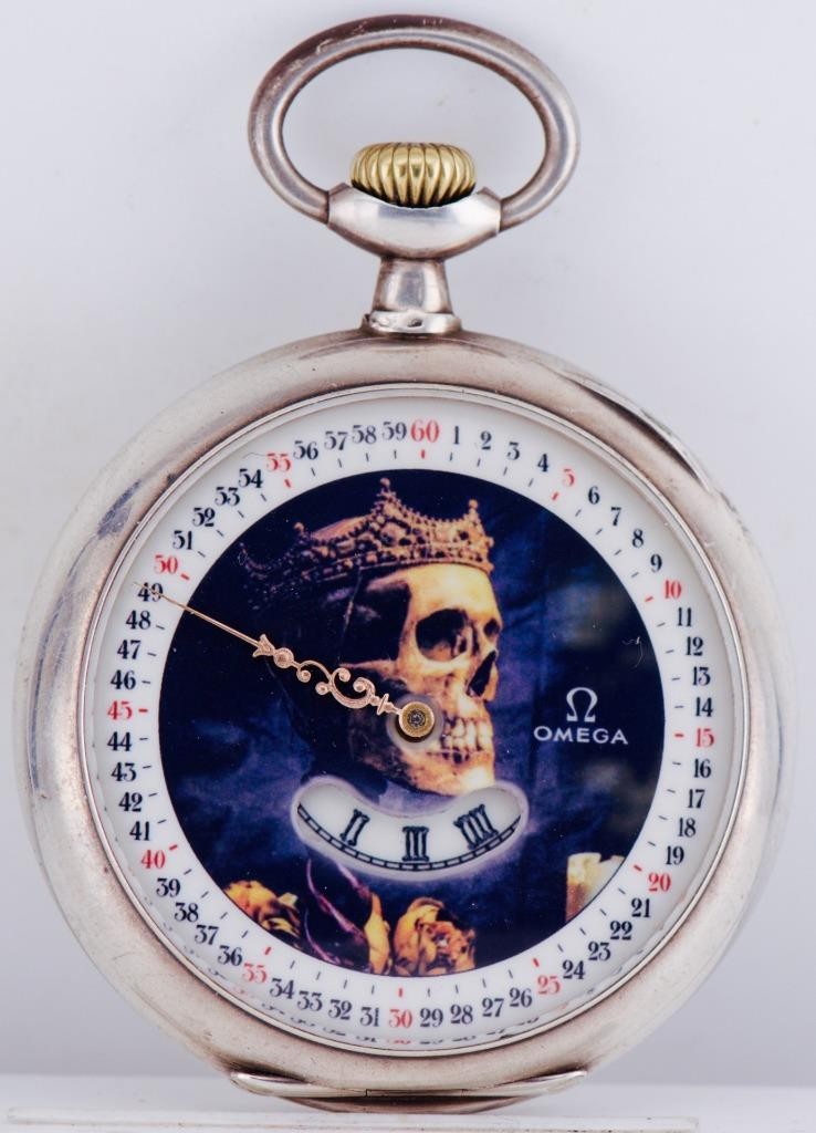 Ancien Numérique OMEGA Memento Mori Tête de Mort Gothique Argent Poche Montre Un