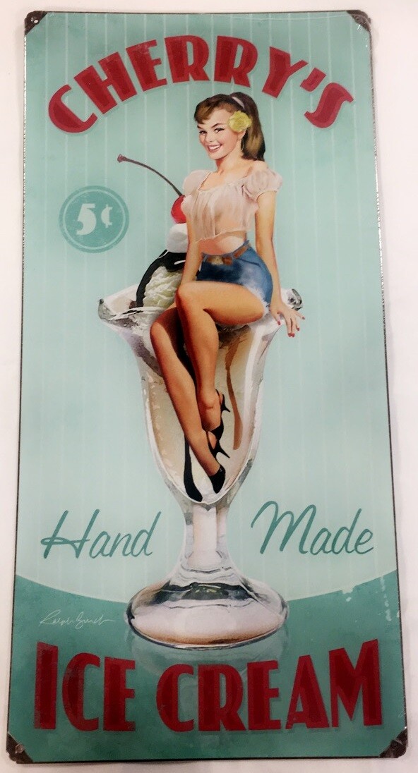 Plaque Métal Tôle Plaque Publicitaire Cherry's Ice Cream Pin Up 60x30Cms