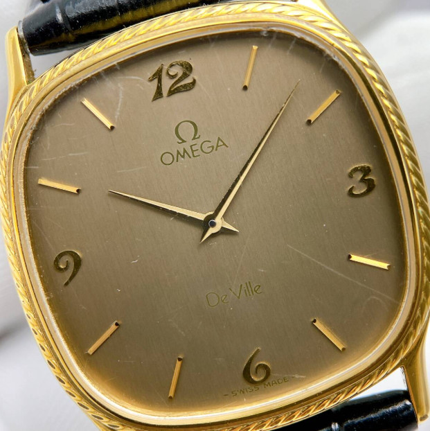 *EXC+5* Vintage OMEGA De Ville Gold Square Arabic Numeral Mens Quartz Watch