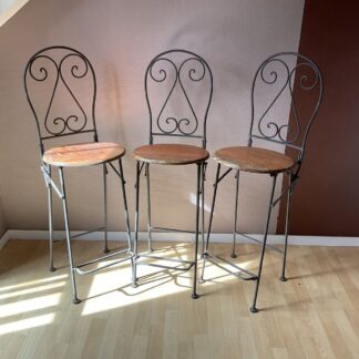 3 Tabourets,fer Forgé,bois, Bar,pliables,avec Dossiers,art Deco