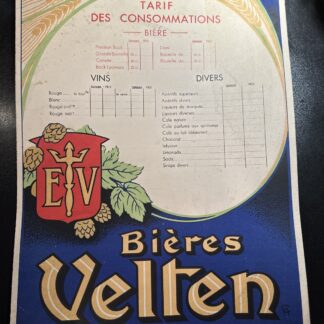 Rare Grande Plaque publicitaire Carton Bière Velten Lyon Épicerie D’antan