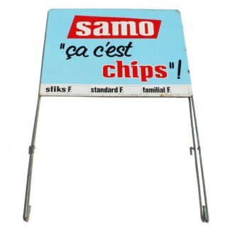 Ancienne plaque publicitaire de présentoir Chips Samo en tôle non émaillée