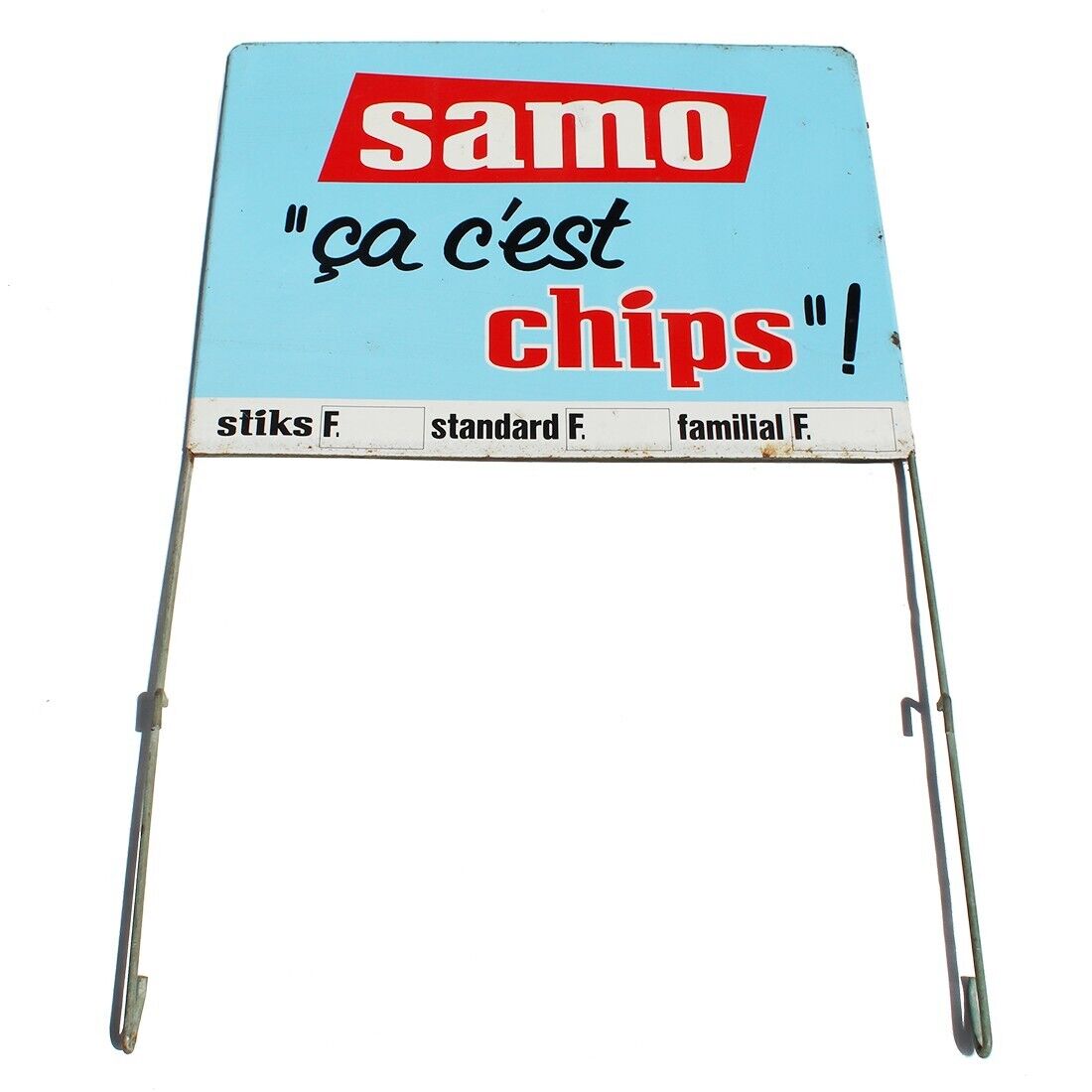 Ancienne plaque publicitaire de présentoir Chips Samo en tôle non émaillée